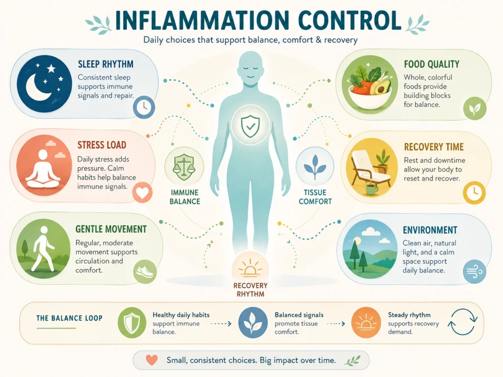 Daily Patterns That Influence Inflammation Control Daily patterns that may influence Inflammation Control including sleep rhythm, stress load, movement, food quality, environment, and recovery demand.