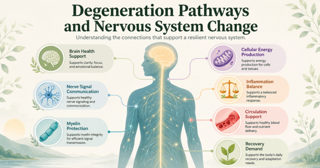 degeneration-pathways-hero. Soft educational illustration showing Degeneration Pathways with the brain, spinal cord, nerve signals, cell stress, circulation, inflammation, and recovery demand.