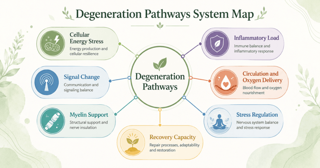 degeneration-pathways-system-map. System map with Degeneration Pathways in the center connected to cell energy, signal change, myelin support, inflammation, circulation, stress regulation, and recovery capacity.