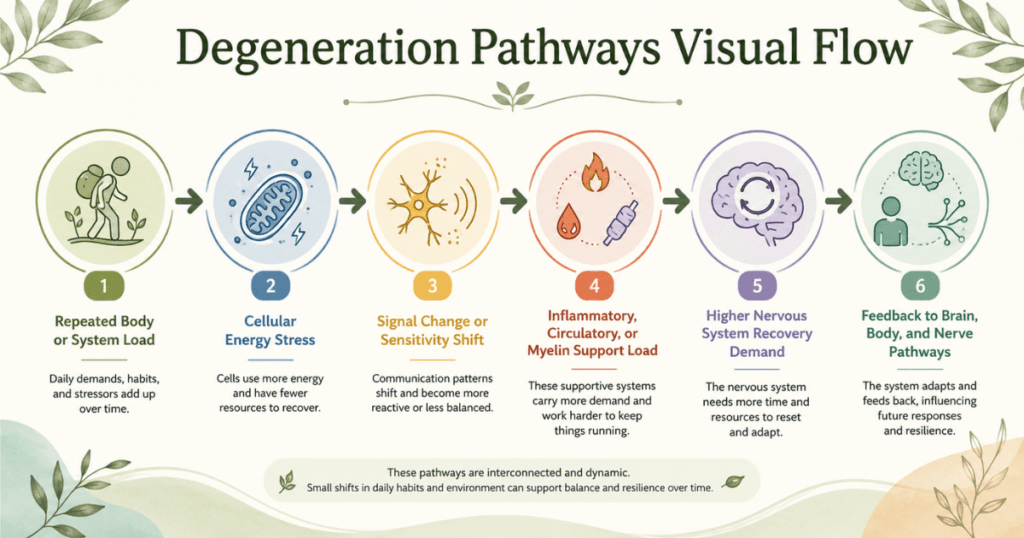 degeneration-pathways-visual-flow. Flow infographic showing repeated body or system load leading to cell energy stress, signal change, support system load, recovery demand, and feedback to the brain and body.