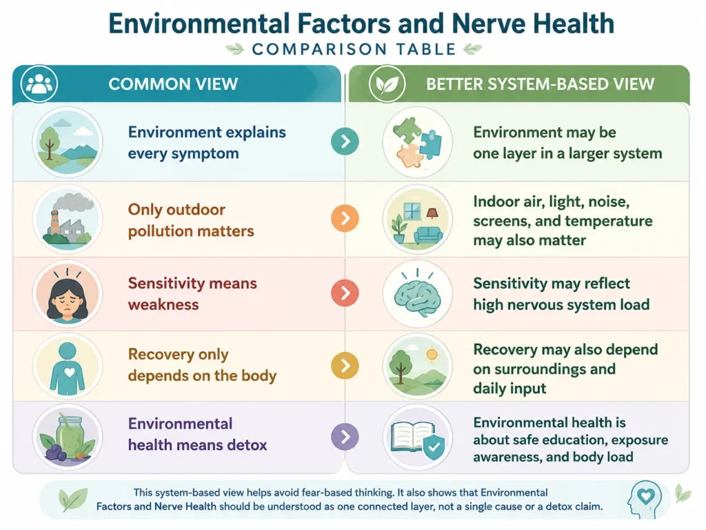 Environmental Factors and Nerve Health comparison table showing common views and better system-based views about environment, sensitivity, recovery, and body load.