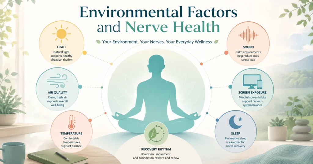 Environmental Factors and Nerve Health educational illustration showing light, noise, air quality, temperature, screens, and recovery capacity.