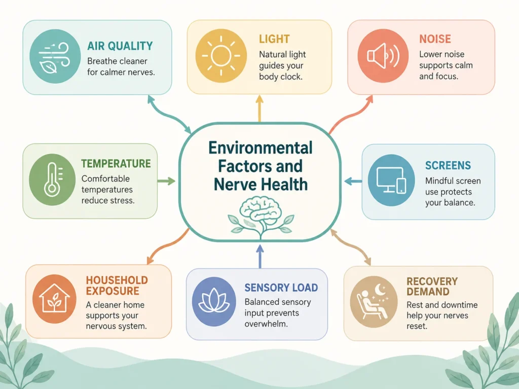 System map of Environmental Factors and Nerve Health showing air quality, light exposure, noise, temperature, screen load, sensory load, and recovery demand.