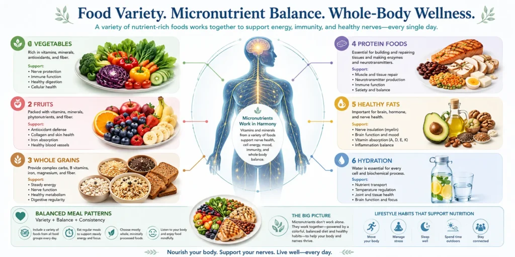 Food Variety and Micronutrient Balance Healthy food variety illustration supporting balanced nutrient intake