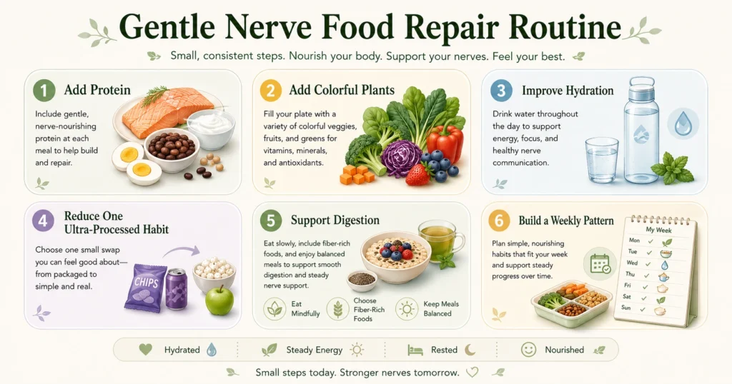 Gentle Nerve Food Repair routine with steps for protein, colorful plants, hydration, processed food reduction, digestion support, and weekly pattern