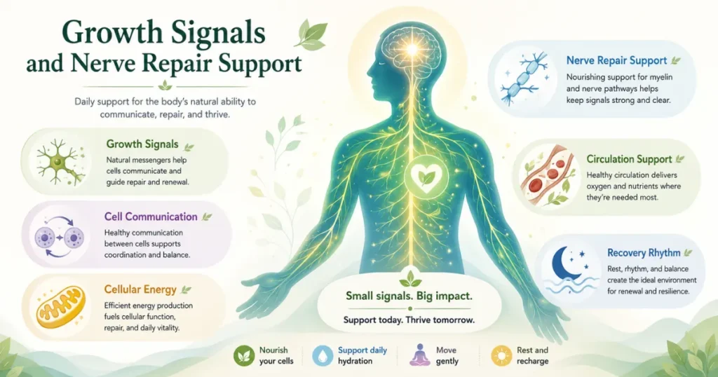Growth signals and nerve repair support with soft cell communication, nerve pathways, cellular energy, and recovery rhythm
