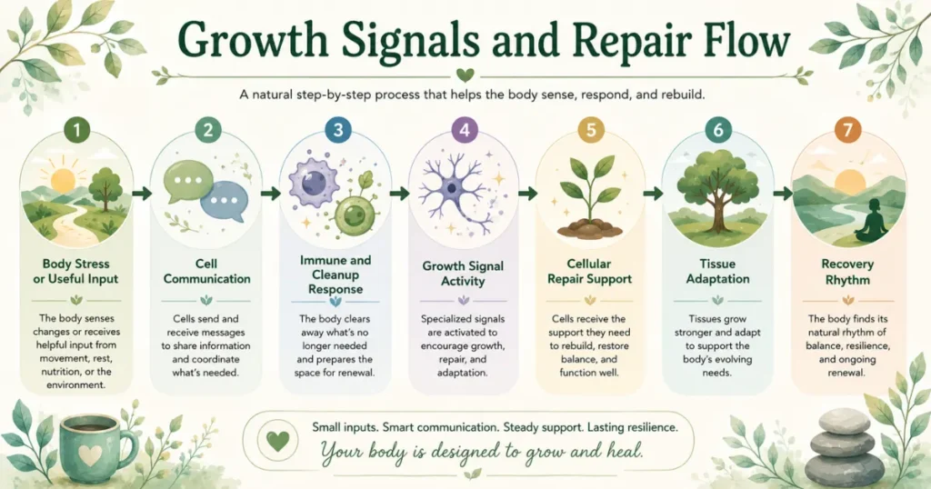 Growth signals flow from body input to cell communication, immune cleanup response, repair signal activity, cellular repair, tissue adaptation, and recovery rhythm