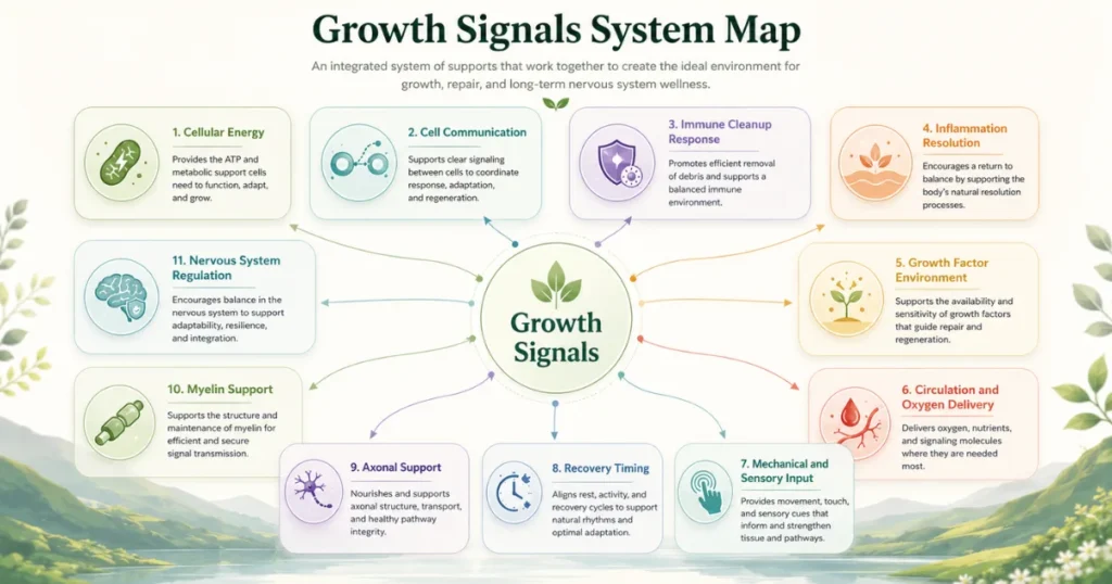 Growth signals system map with cellular energy, communication, immune cleanup, inflammation resolution, circulation, recovery timing, axonal support, and myelin support