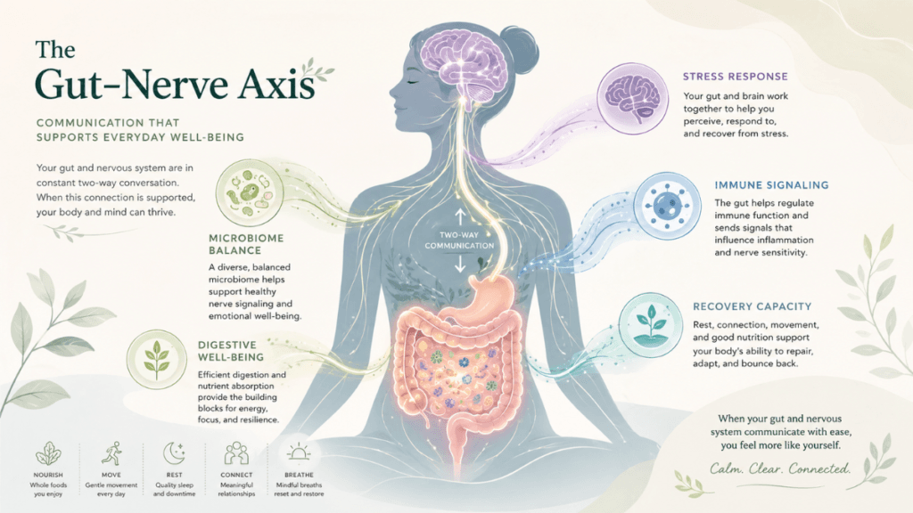 gut-nerve-axis-hero. Illustration of the Gut–Nerve Axis showing digestion, gut signaling, nervous system communication, and recovery capacity