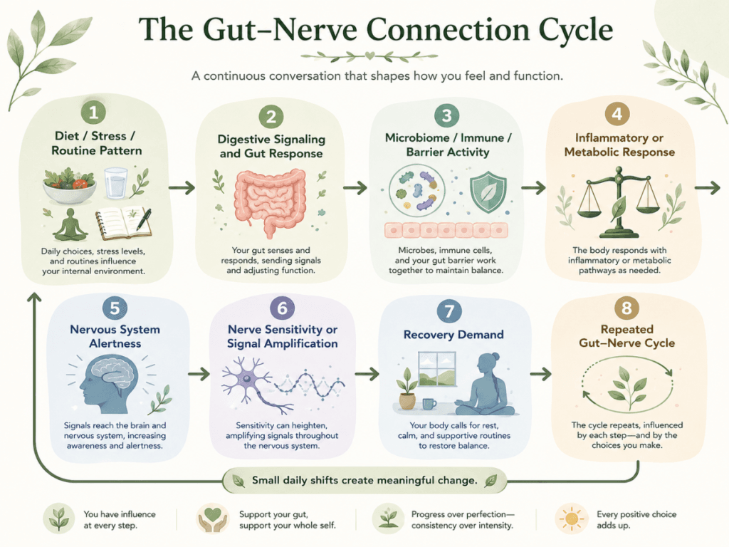 gut-nerve-axis-nerve-sensitivity-flow. Flowchart showing how the Gut–Nerve Axis may influence digestive signaling, inflammation, nervous system alertness, nerve sensitivity, and recovery demand