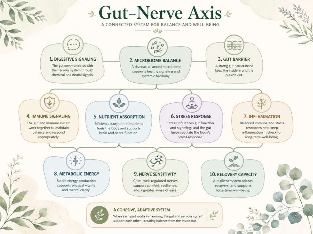 gut-nerve-axis-system-map. System map showing the Gut–Nerve Axis with digestive signaling, microbiome balance, immune signaling, nutrient absorption, stress response, and nerve sensitivity