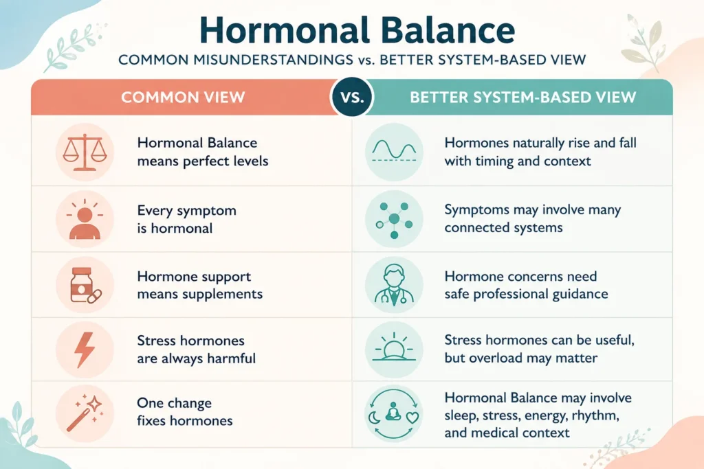 Hormonal Balance comparison table showing common views and better system-based views about hormone levels, symptoms, supplements, stress hormones, and recovery capacity.