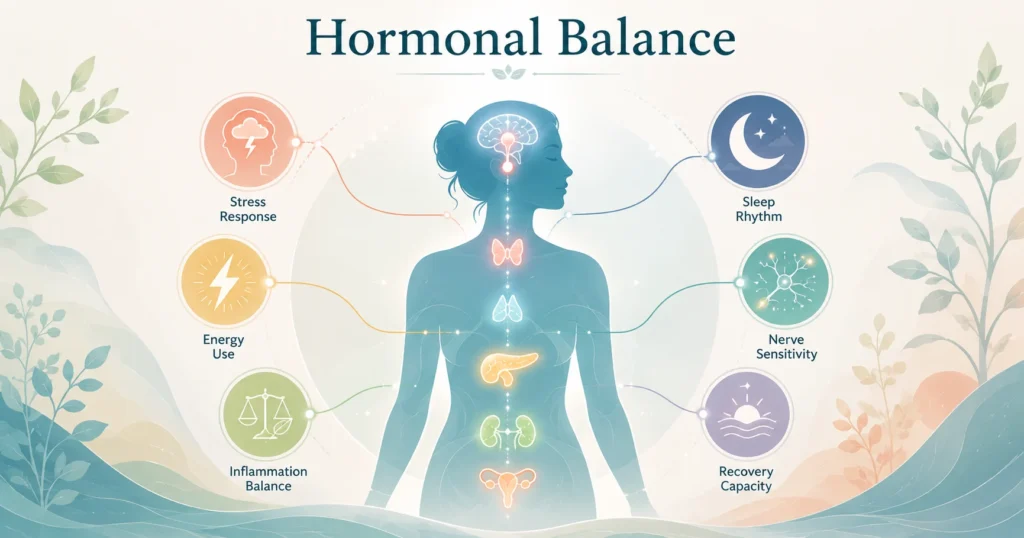 Hormonal Balance educational illustration showing hormone signals, stress response, sleep rhythm, energy use, and nerve health.