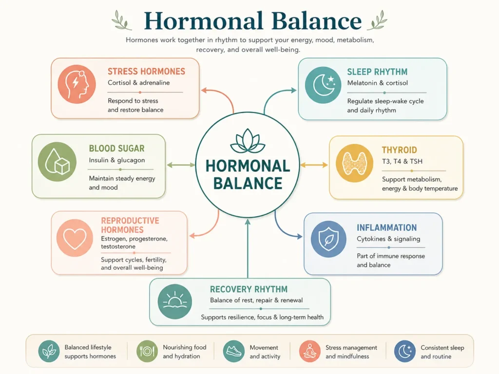 System map of Hormonal Balance showing stress hormones, sleep rhythm, blood sugar, thyroid hormones, reproductive hormones, inflammation, and recovery rhythm.
