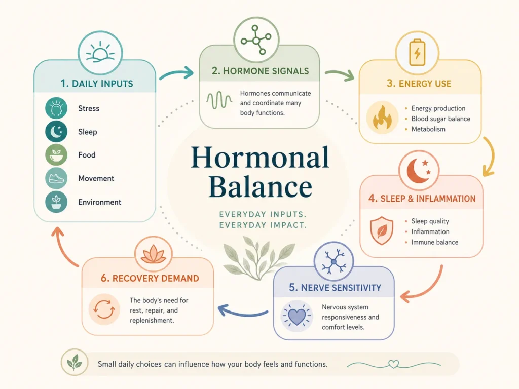 Hormonal Balance visual flow showing daily stress, sleep, food, movement, hormone signals, energy use, nerve sensitivity, and recovery demand.