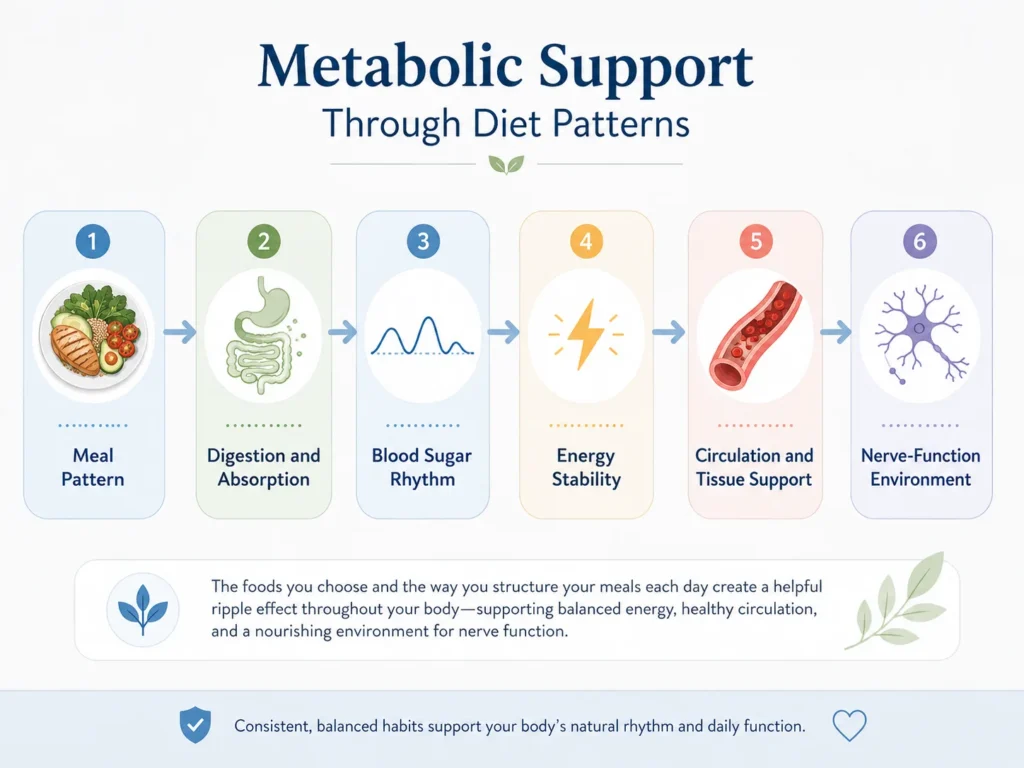 Flow infographic showing meal patterns, digestion, blood sugar rhythm, energy stability, circulation, and nerve-function environment.