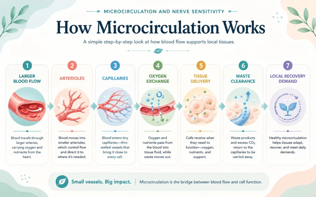 How Microcirculation works through tiny blood vessels, capillary exchange, oxygen delivery, and tissue clearance.