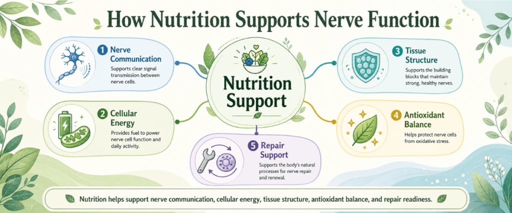 Organic infographic showing how nutrition supports nerve communication, cellular energy, tissue structure, antioxidant balance, and repair support.