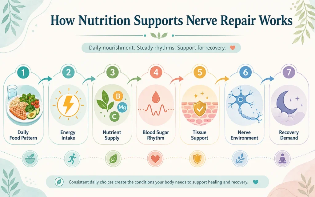 How Nutrition Supports Nerve Repair Works How Nutrition Supports Nerve Repair works through food intake, energy, nutrients, blood sugar rhythm, tissue support, and recovery demand.