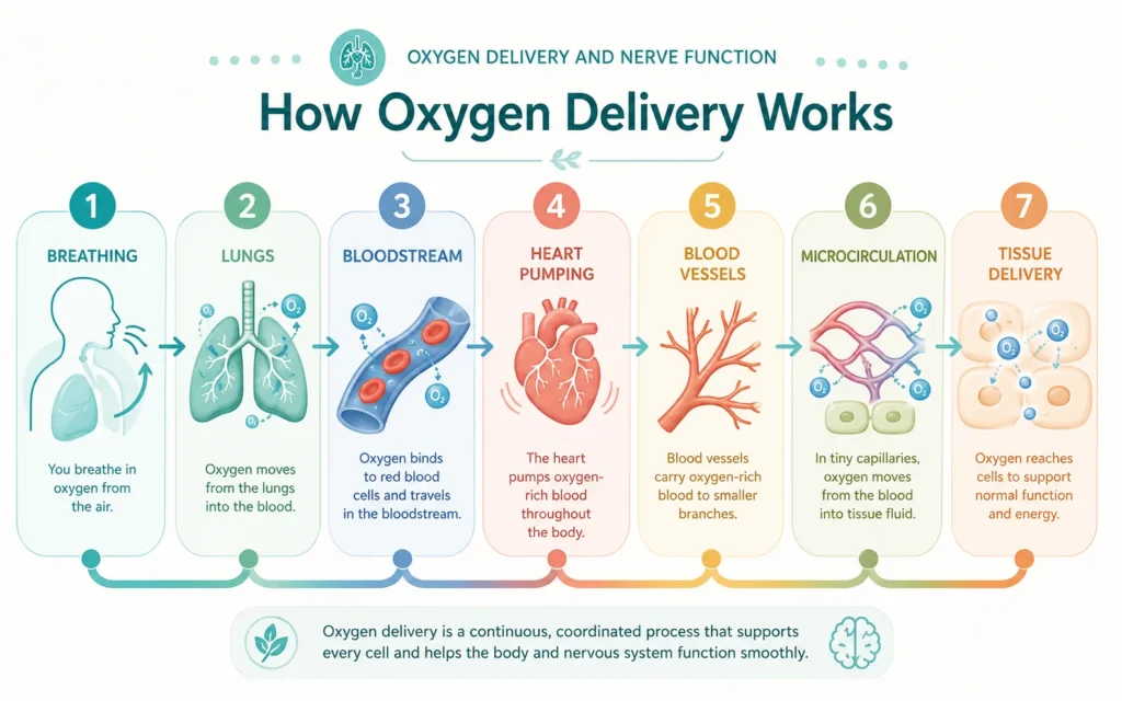 How Oxygen Delivery Works How Oxygen Delivery works through breathing, lungs, bloodstream, circulation, and tissue oxygen supply.
