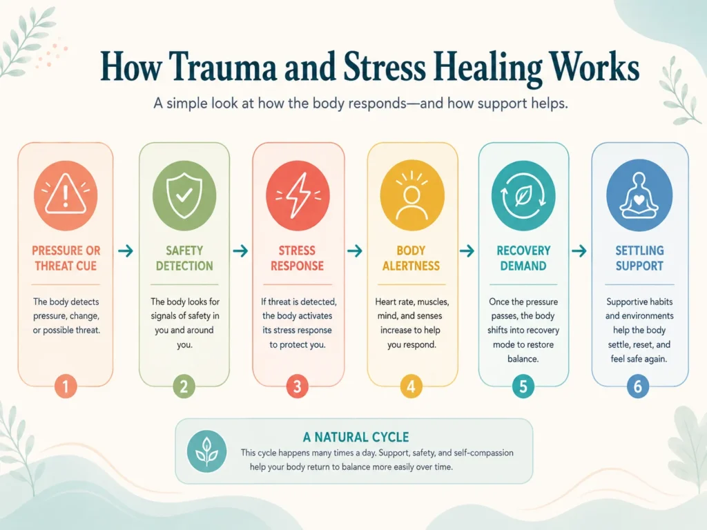 How Trauma and Stress Healing Works infographic showing pressure or threat cue, safety detection, stress response, body alertness, recovery demand, and settling support