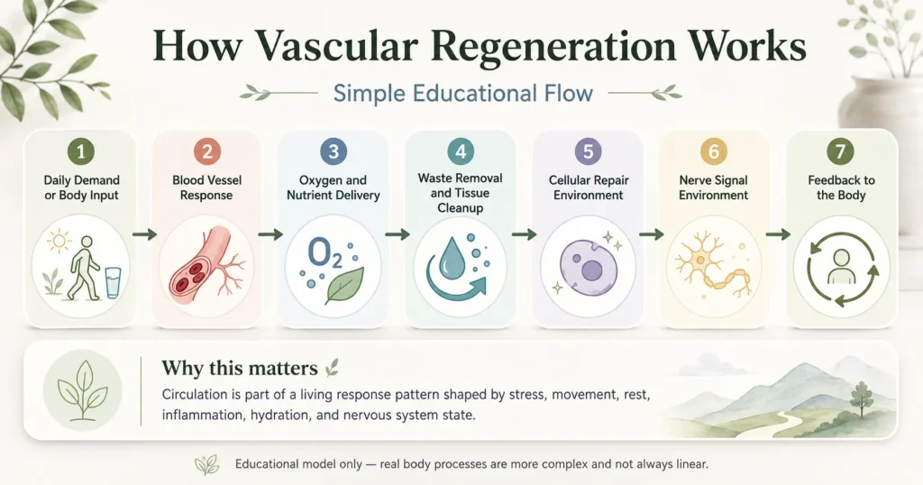 Infographic titled How Vascular Regeneration Works showing a simple flow from daily demand or body input to blood vessel response, oxygen and nutrient delivery, waste removal, cellular repair environment, nerve signal environment, and feedback to the body.