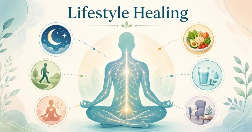 Lifestyle Healing and Nervous System Balance Lifestyle Healing educational image showing sleep, movement, stress, nutrition, and nerve sensitivity.