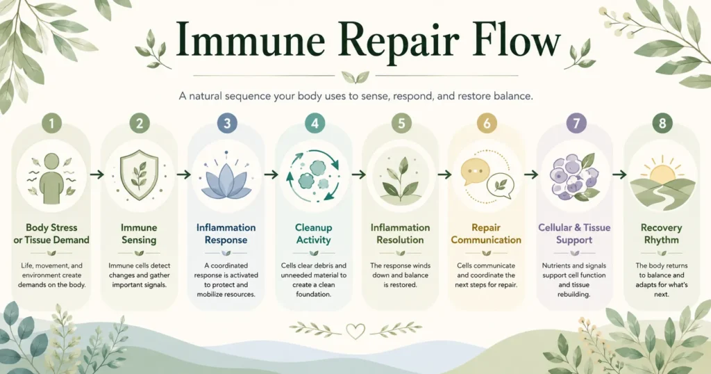 Immune Repair Flow Educational flow chart showing body stress, immune sensing, inflammation response, cleanup activity, inflammation resolution, repair communication, cellular support, and recovery rhythm.