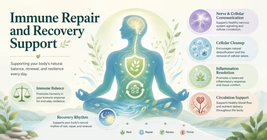 Immune Repair and Recovery Support Calming educational illustration of Immune Repair showing soft immune balance symbols, nerve pathways, cleanup activity, and recovery rhythm.