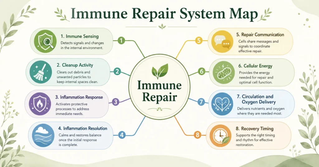 Immune Repair System Map System map with Immune Repair in the center connected to immune sensing, cleanup activity, inflammation response, inflammation resolution, repair communication, cellular energy, circulation, and recovery timing.
