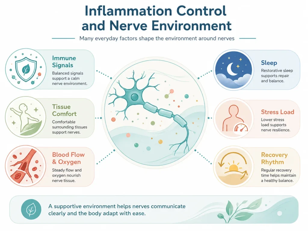 Inflammation Control and Nerve Environment Inflammation Control and nerve environment illustration showing immune signals, tissue comfort, blood flow, nerve sensitivity, and recovery demand.