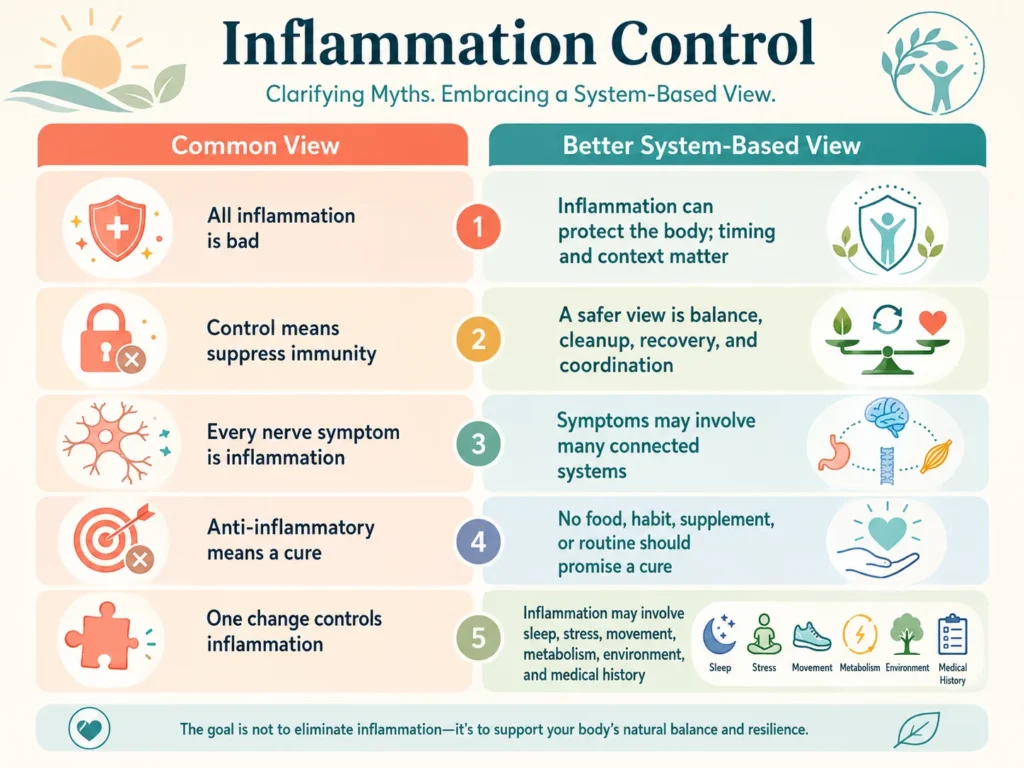 Inflammation Control Comparison Table Inflammation Control comparison table showing common views and better system-based views about inflammation, immunity, nerve symptoms, and recovery capacity.