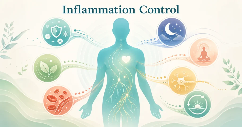 Inflammation Control and Nerve Health Inflammation Control educational illustration showing immune signals, tissue comfort, nerve sensitivity, sleep, stress, and recovery capacity.