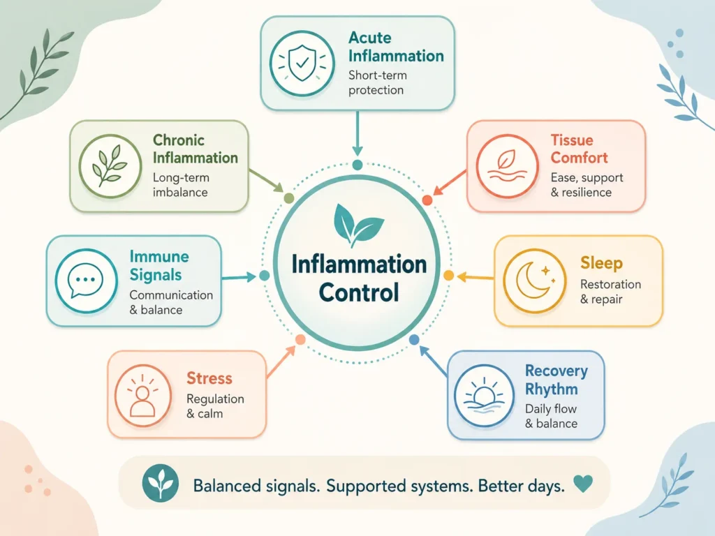 Inflammation Control System Map System map of Inflammation Control showing acute inflammation, chronic inflammation, immune signals, tissue comfort, sleep, stress, and recovery rhythm.