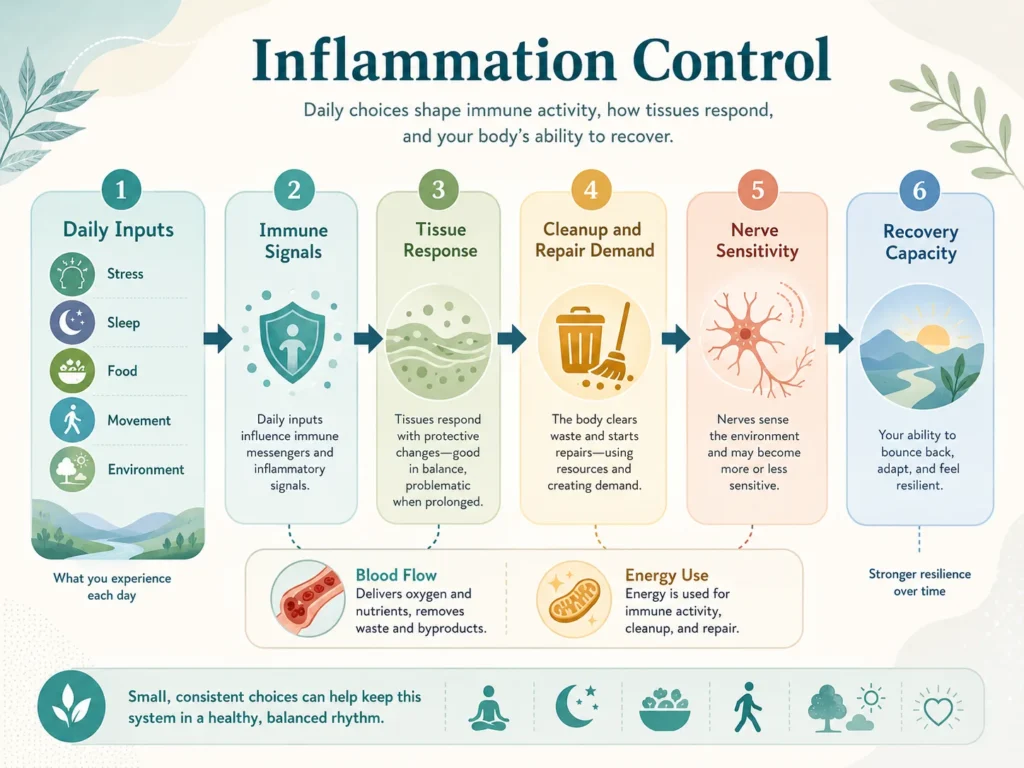 Inflammation Control Visual Flow Inflammation Control visual flow showing daily stress, sleep, food, movement, immune signals, tissue response, nerve sensitivity, and recovery demand.