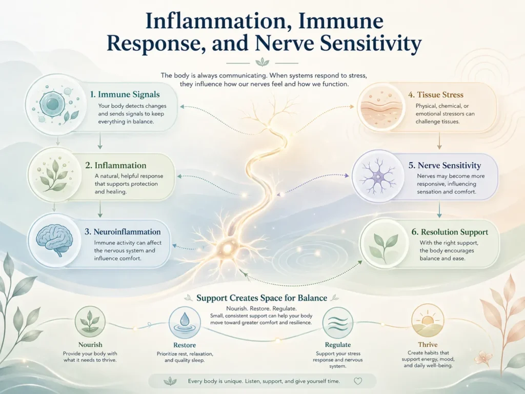 Inflammation, Immune Response, and Nerve Sensitivity Inflammation and immune response diagram showing immune signals, neuroinflammation, tissue stress, and nerve sensitivity