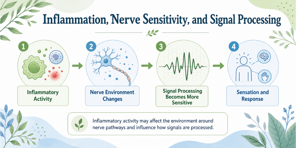 User-friendly educational infographic illustrating how inflammatory activity may influence the nerve environment, signal processing sensitivity, and overall sensation and response patterns.