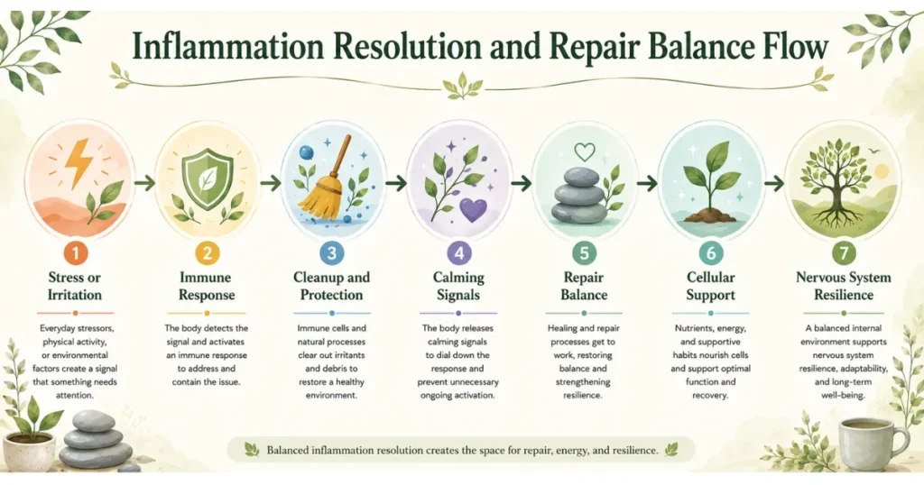 Inflammation resolution flows from stress or irritation to immune response, cleanup, calming signals, repair balance, cellular support, and nervous system resilience
