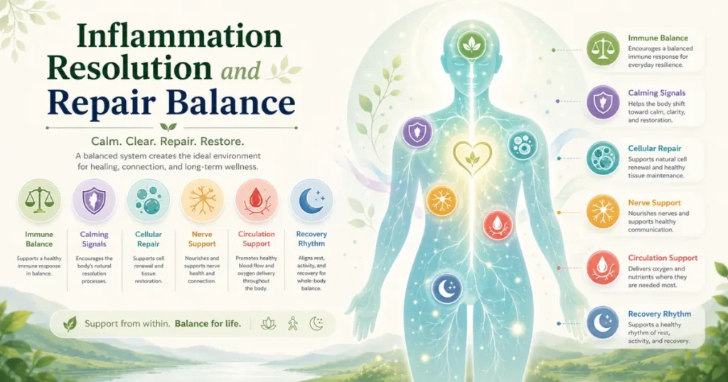 Inflammation resolution and repair balance with soft immune signals, nerve pathways, cellular repair, and recovery rhythm