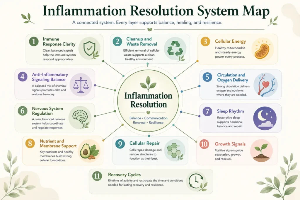 Inflammation resolution system map with immune clarity, cleanup, cellular energy, calming signals, circulation, sleep rhythm, cellular repair, growth signals, and recovery cycles