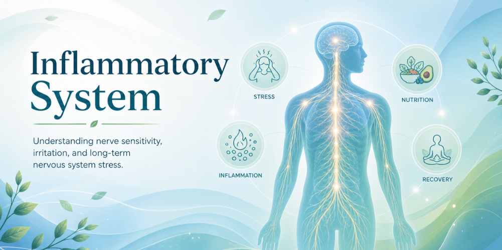 Inflammatory System hero image showing nerve pathways, stress, nutrition, inflammation, and recovery concepts
