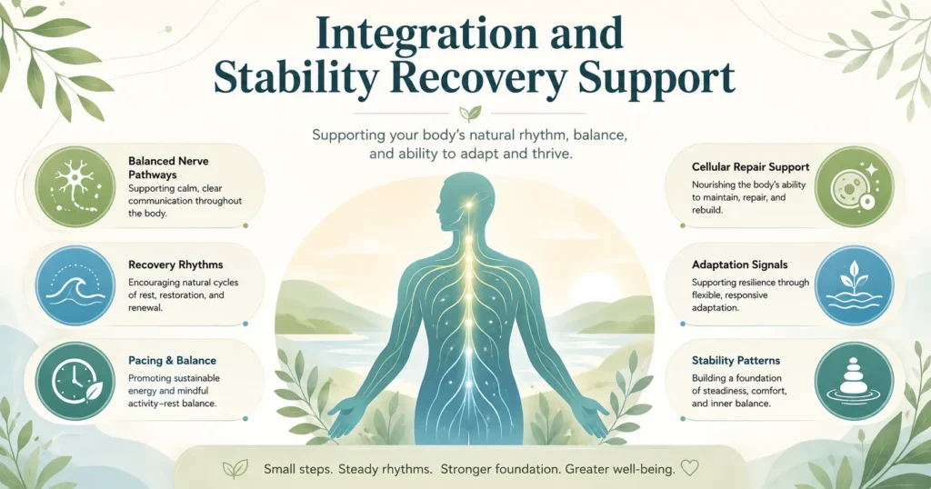Calming educational illustration of Integration and Stability showing a peaceful human silhouette, balanced nerve pathways, recovery rhythm, pacing icons, and adaptation symbols.