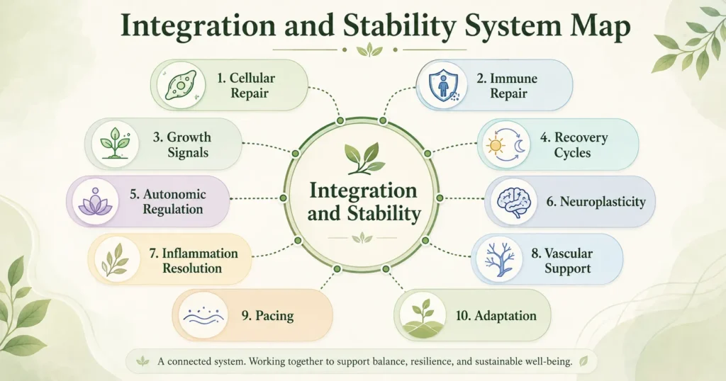 System map with Integration and Stability in the center connected to cellular repair, immune repair, growth signals, recovery cycles, autonomic regulation, neuroplasticity, inflammation resolution, and vascular support.