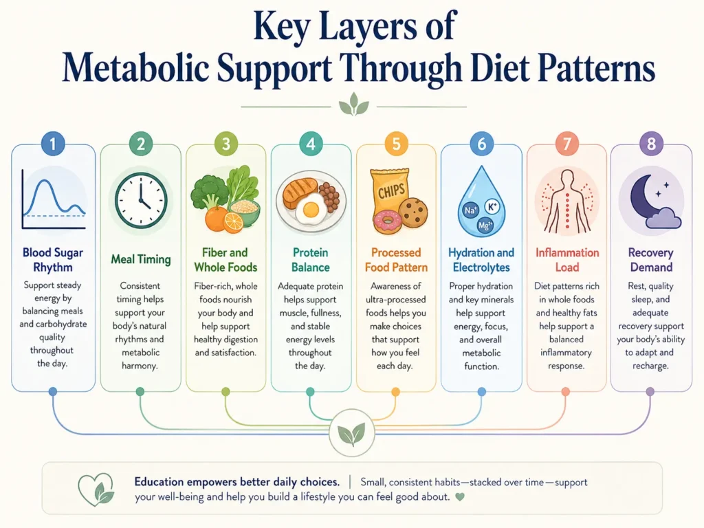 Layered infographic showing blood sugar rhythm, meal timing, fiber, protein balance, hydration, inflammation load, and recovery demand.