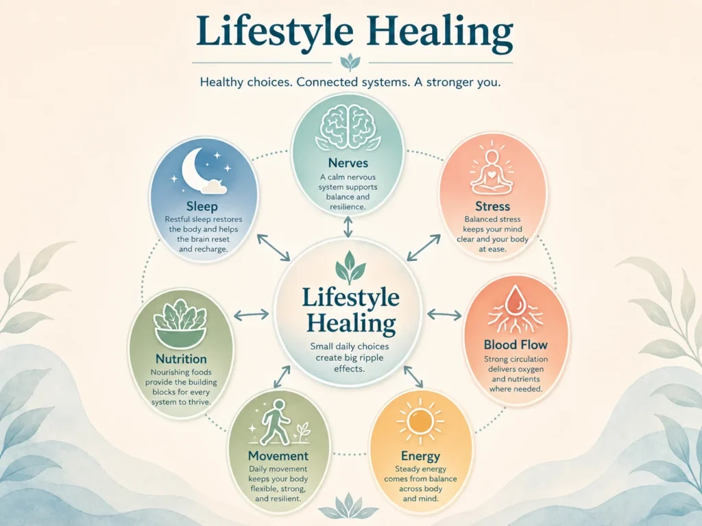 Lifestyle Healing and Body Systems Lifestyle Healing body systems image showing nervous system, stress, sleep, metabolism, circulation, movement, and nutrition.