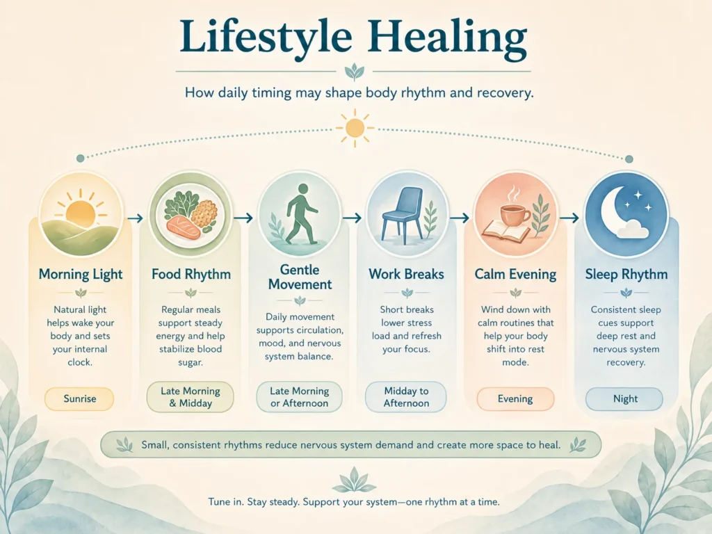 Recovery Rhythm in Lifestyle Healing Recovery rhythm image showing Lifestyle Healing with sleep, movement, calm signals, energy, and rest breaks.