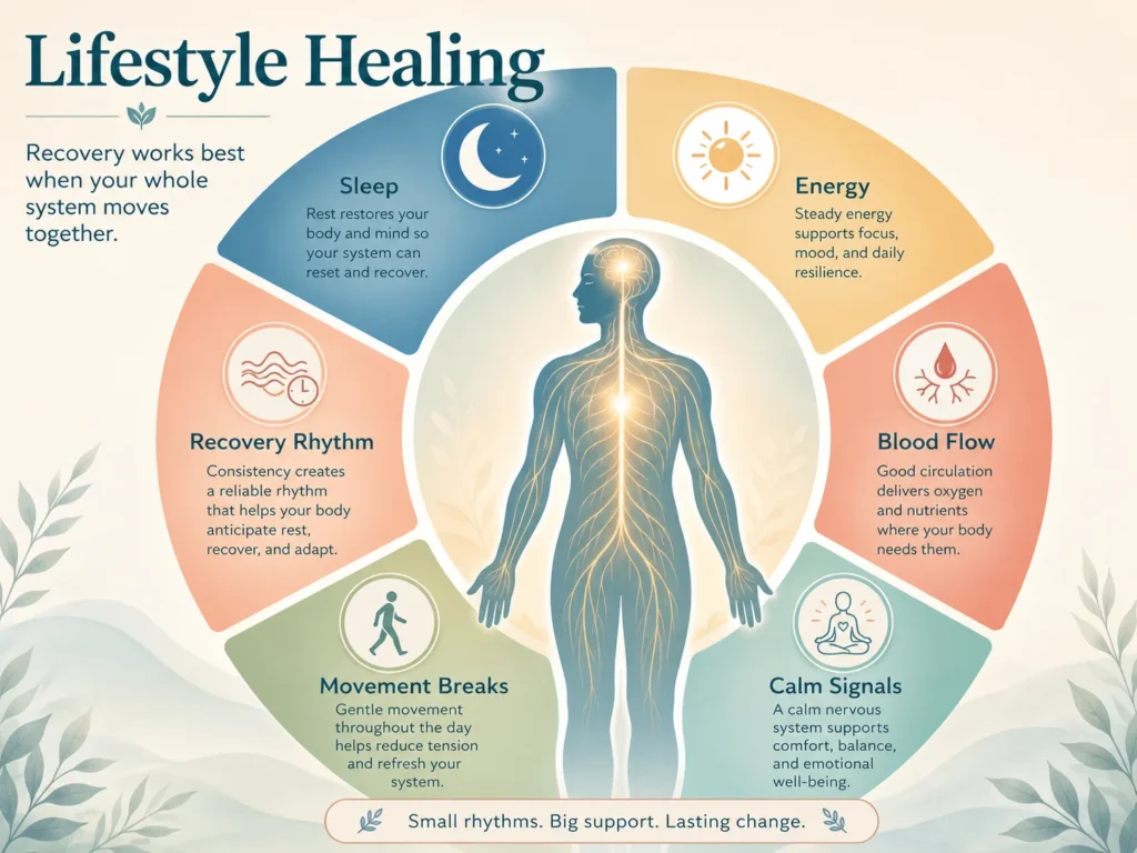 Daily Rhythm in Lifestyle Healing Daily rhythm image for Lifestyle Healing showing morning light, meals, movement, work breaks, and sleep rhythm.