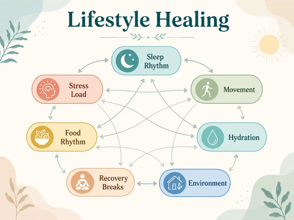 Lifestyle Healing System Map Lifestyle Healing system map showing sleep, stress, movement, food rhythm, hydration, rest, and environment.