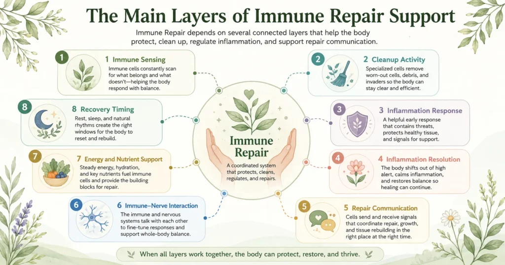 Main Layers of Immune Repair Support Infographic titled Main Layers of Immune Repair Support showing eight connected layers: immune sensing, cleanup activity, inflammation response, inflammation resolution, repair communication, immune-nerve interaction, energy and nutrient support, and recovery timing.