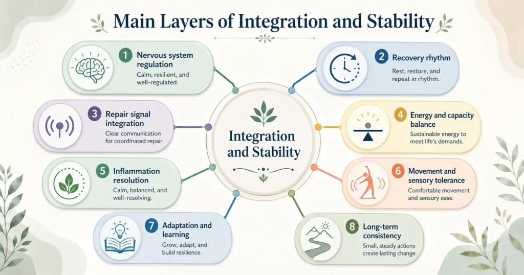 Infographic titled Main Layers of Integration and Stability showing eight connected layers: nervous system regulation, recovery rhythm, repair signal integration, energy and capacity balance, inflammation resolution, movement and sensory tolerance, adaptation and learning, and long-term consistency.